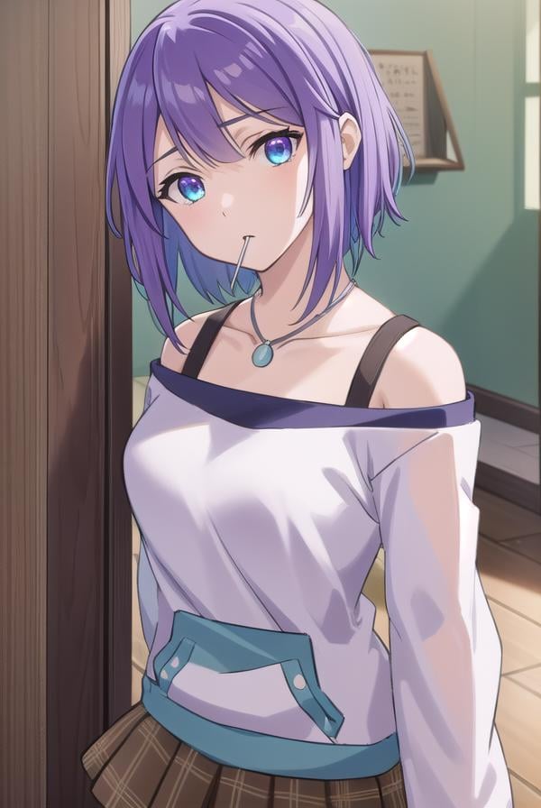 mizoreshirayuki, <lora:mizore shirayuki s2-lora-nochekaiser:1>,mizore shirayuki, short hair, blue eyes, purple hair, candy, lollipop, (swept bangs:1.5),BREAK skirt, thighhighs, striped, plaid, thigh strap, striped thighhighs, bare shoulders, raglan sleeves, collar bone, off shoulder, jacket, white jacket, necklace,BREAK indoors, classroom,BREAK looking at viewer, (cowboy shot:1.5),BREAK <lyco:GoodHands-beta2:1>, (masterpiece:1.2), best quality, high resolution, unity 8k wallpaper, (illustration:0.8), (beautiful detailed eyes:1.6), extremely detailed face, perfect lighting, extremely detailed CG, (perfect hands, perfect anatomy),