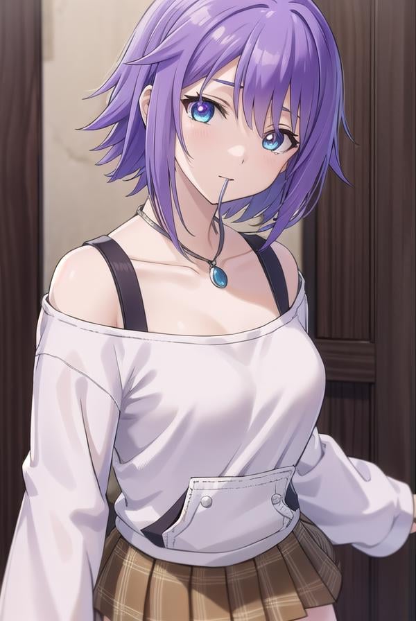 mizoreshirayuki, <lora:mizore shirayuki s2-lora-nochekaiser:1>,mizore shirayuki, short hair, blue eyes, purple hair, candy, lollipop, (swept bangs:1.5),BREAK skirt, thighhighs, striped, plaid, thigh strap, striped thighhighs, bare shoulders, raglan sleeves, collar bone, off shoulder, jacket, white jacket, necklace,BREAK indoors, classroom,BREAK looking at viewer, (cowboy shot:1.5),BREAK <lyco:GoodHands-beta2:1>, (masterpiece:1.2), best quality, high resolution, unity 8k wallpaper, (illustration:0.8), (beautiful detailed eyes:1.6), extremely detailed face, perfect lighting, extremely detailed CG, (perfect hands, perfect anatomy),