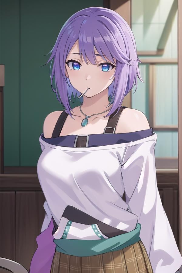 mizoreshirayuki, <lora:mizore shirayuki s2-lora-nochekaiser:1>,mizore shirayuki, short hair, blue eyes, purple hair, candy, lollipop, (swept bangs:1.5),BREAK skirt, thighhighs, striped, plaid, thigh strap, striped thighhighs, bare shoulders, raglan sleeves, collar bone, off shoulder, jacket, white jacket, necklace,BREAK indoors, classroom,BREAK looking at viewer, (cowboy shot:1.5),BREAK <lyco:GoodHands-beta2:1>, (masterpiece:1.2), best quality, high resolution, unity 8k wallpaper, (illustration:0.8), (beautiful detailed eyes:1.6), extremely detailed face, perfect lighting, extremely detailed CG, (perfect hands, perfect anatomy),