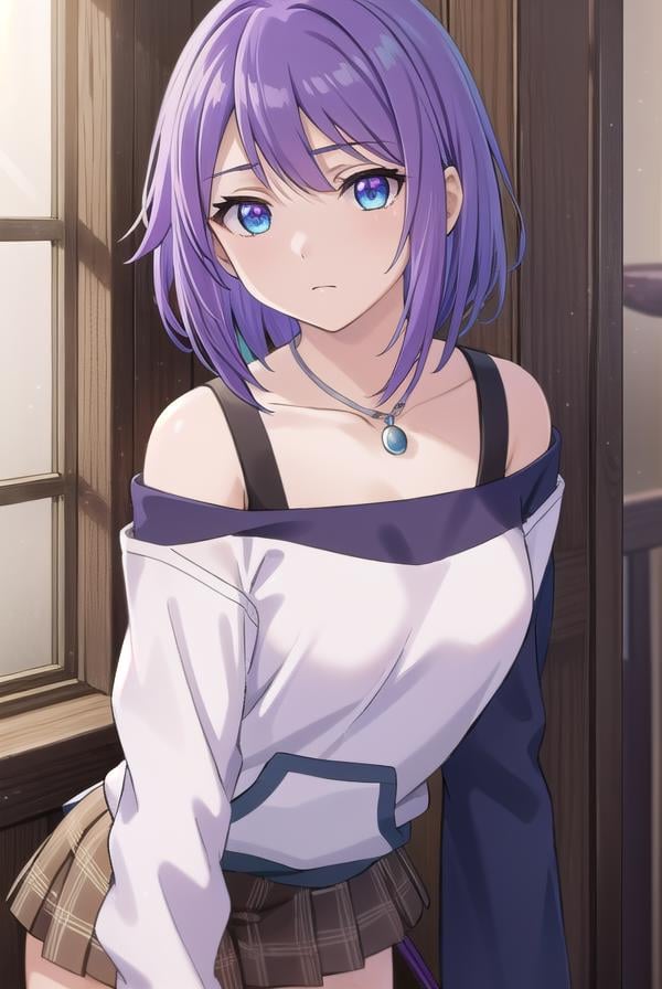 mizoreshirayuki, <lora:mizore shirayuki s2-lora-nochekaiser:1>,mizore shirayuki, short hair, blue eyes, purple hair, candy, lollipop, (swept bangs:1.5),BREAK skirt, thighhighs, striped, plaid, thigh strap, striped thighhighs, bare shoulders, raglan sleeves, collar bone, off shoulder, jacket, white jacket, necklace,BREAK indoors, classroom,BREAK looking at viewer, (cowboy shot:1.5),BREAK <lyco:GoodHands-beta2:1>, (masterpiece:1.2), best quality, high resolution, unity 8k wallpaper, (illustration:0.8), (beautiful detailed eyes:1.6), extremely detailed face, perfect lighting, extremely detailed CG, (perfect hands, perfect anatomy),