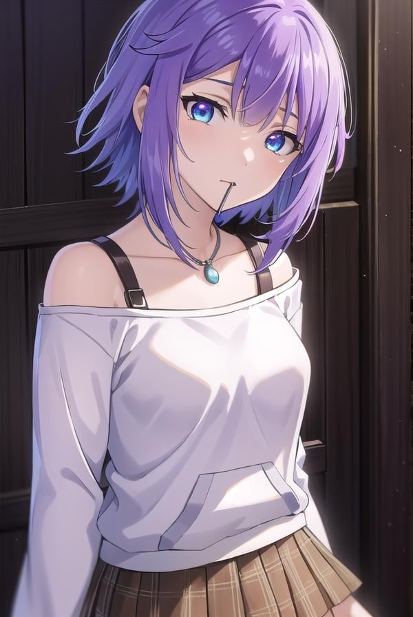 mizoreshirayuki, <lora:mizore shirayuki s2-lora-nochekaiser:1>,mizore shirayuki, short hair, blue eyes, purple hair, candy, lollipop, (swept bangs:1.5),BREAK skirt, thighhighs, striped, plaid, thigh strap, striped thighhighs, bare shoulders, raglan sleeves, collar bone, off shoulder, jacket, white jacket, necklace,BREAK indoors, classroom,BREAK looking at viewer, (cowboy shot:1.5),BREAK <lyco:GoodHands-beta2:1>, (masterpiece:1.2), best quality, high resolution, unity 8k wallpaper, (illustration:0.8), (beautiful detailed eyes:1.6), extremely detailed face, perfect lighting, extremely detailed CG, (perfect hands, perfect anatomy),