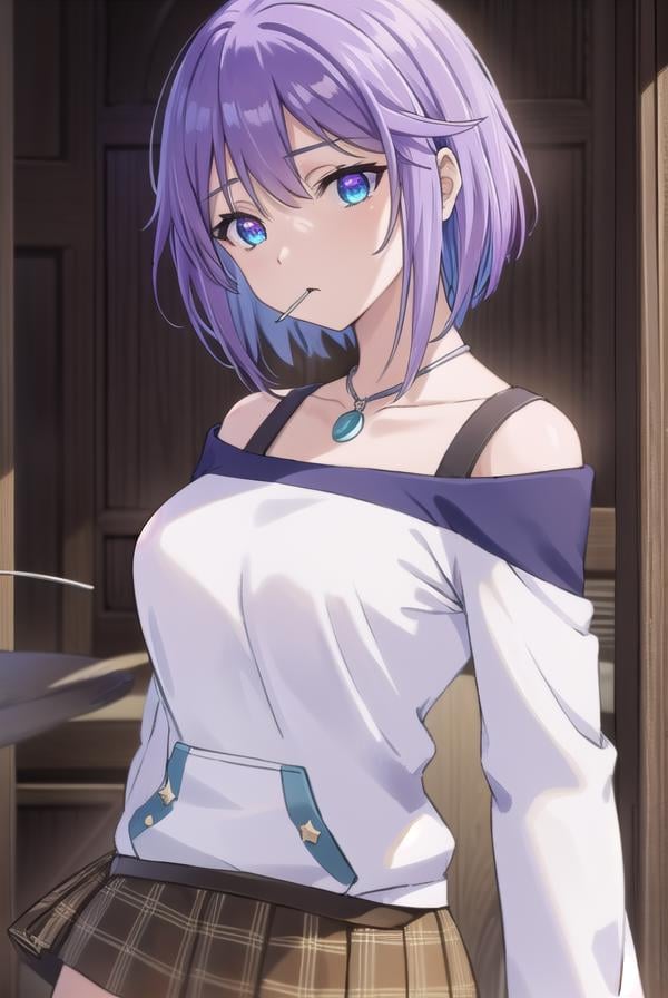 mizoreshirayuki, <lora:mizore shirayuki s2-lora-nochekaiser:1>,mizore shirayuki, short hair, blue eyes, purple hair, candy, lollipop, (swept bangs:1.5),BREAK skirt, thighhighs, striped, plaid, thigh strap, striped thighhighs, bare shoulders, raglan sleeves, collar bone, off shoulder, jacket, white jacket, necklace,BREAK indoors, classroom,BREAK looking at viewer, (cowboy shot:1.5),BREAK <lyco:GoodHands-beta2:1>, (masterpiece:1.2), best quality, high resolution, unity 8k wallpaper, (illustration:0.8), (beautiful detailed eyes:1.6), extremely detailed face, perfect lighting, extremely detailed CG, (perfect hands, perfect anatomy),