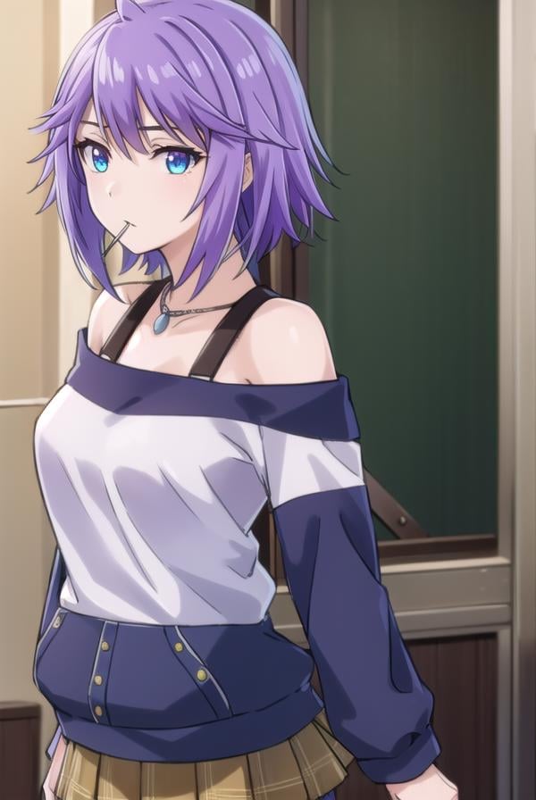 mizoreshirayuki, <lora:mizore shirayuki s2-lora-nochekaiser:1>,mizore shirayuki, short hair, blue eyes, purple hair, candy, lollipop, (swept bangs:1.5),BREAK skirt, thighhighs, striped, plaid, thigh strap, striped thighhighs, bare shoulders, raglan sleeves, collar bone, off shoulder, jacket, white jacket, necklace,BREAK indoors, classroom,BREAK looking at viewer, (cowboy shot:1.5),BREAK <lyco:GoodHands-beta2:1>, (masterpiece:1.2), best quality, high resolution, unity 8k wallpaper, (illustration:0.8), (beautiful detailed eyes:1.6), extremely detailed face, perfect lighting, extremely detailed CG, (perfect hands, perfect anatomy),