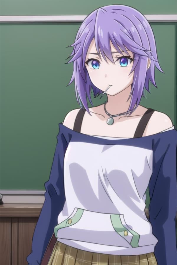 mizoreshirayuki, <lora:mizore shirayuki s2-lora-nochekaiser:1>,mizore shirayuki, short hair, blue eyes, purple hair, candy, lollipop, (swept bangs:1.5),BREAK skirt, thighhighs, striped, plaid, thigh strap, striped thighhighs, bare shoulders, raglan sleeves, collar bone, off shoulder, jacket, white jacket, necklace,BREAK indoors, classroom,BREAK looking at viewer, (cowboy shot:1.5),BREAK <lyco:GoodHands-beta2:1>, (masterpiece:1.2), best quality, high resolution, unity 8k wallpaper, (illustration:0.8), (beautiful detailed eyes:1.6), extremely detailed face, perfect lighting, extremely detailed CG, (perfect hands, perfect anatomy),