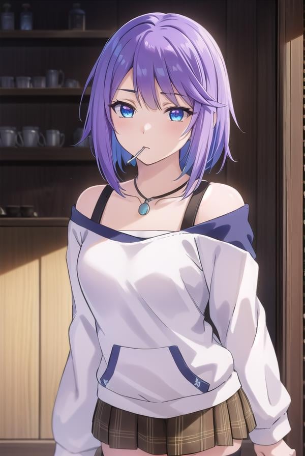 mizoreshirayuki, <lora:mizore shirayuki s2-lora-nochekaiser:1>,mizore shirayuki, short hair, blue eyes, purple hair, candy, lollipop, (swept bangs:1.5),BREAK skirt, thighhighs, striped, plaid, thigh strap, striped thighhighs, bare shoulders, raglan sleeves, collar bone, off shoulder, jacket, white jacket, necklace,BREAK indoors, classroom,BREAK looking at viewer, (cowboy shot:1.5),BREAK <lyco:GoodHands-beta2:1>, (masterpiece:1.2), best quality, high resolution, unity 8k wallpaper, (illustration:0.8), (beautiful detailed eyes:1.6), extremely detailed face, perfect lighting, extremely detailed CG, (perfect hands, perfect anatomy),