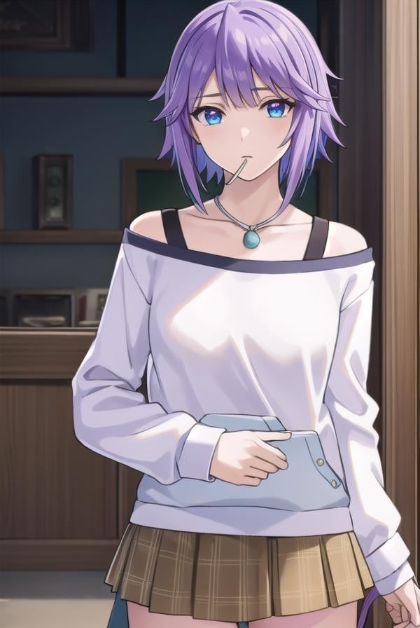 mizoreshirayuki, <lora:mizore shirayuki s2-lora-nochekaiser:1>,mizore shirayuki, short hair, blue eyes, purple hair, candy, lollipop, (swept bangs:1.5),BREAK skirt, thighhighs, striped, plaid, thigh strap, striped thighhighs, bare shoulders, raglan sleeves, collar bone, off shoulder, jacket, white jacket, necklace,BREAK indoors, classroom,BREAK looking at viewer, (cowboy shot:1.5),BREAK <lyco:GoodHands-beta2:1>, (masterpiece:1.2), best quality, high resolution, unity 8k wallpaper, (illustration:0.8), (beautiful detailed eyes:1.6), extremely detailed face, perfect lighting, extremely detailed CG, (perfect hands, perfect anatomy),