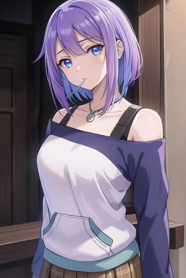 mizoreshirayuki, <lora:mizore shirayuki s2-lora-nochekaiser:1>,mizore shirayuki, short hair, blue eyes, purple hair, candy, lollipop, (swept bangs:1.5),BREAK skirt, thighhighs, striped, plaid, thigh strap, striped thighhighs, bare shoulders, raglan sleeves, collar bone, off shoulder, jacket, white jacket, necklace,BREAK indoors, classroom,BREAK looking at viewer, (cowboy shot:1.5),BREAK <lyco:GoodHands-beta2:1>, (masterpiece:1.2), best quality, high resolution, unity 8k wallpaper, (illustration:0.8), (beautiful detailed eyes:1.6), extremely detailed face, perfect lighting, extremely detailed CG, (perfect hands, perfect anatomy),