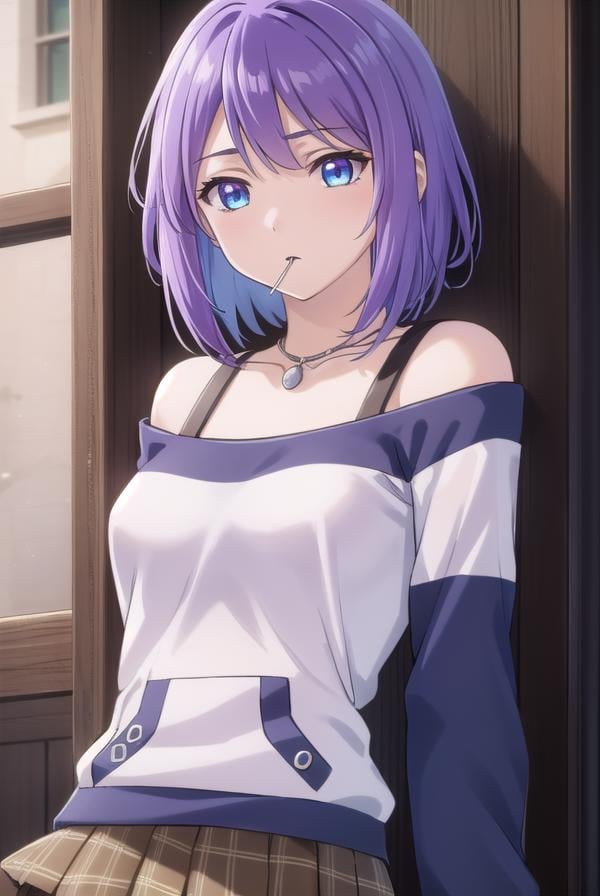 mizoreshirayuki, <lora:mizore shirayuki s2-lora-nochekaiser:1>,mizore shirayuki, short hair, blue eyes, purple hair, candy, lollipop, (swept bangs:1.5),BREAK skirt, thighhighs, striped, plaid, thigh strap, striped thighhighs, bare shoulders, raglan sleeves, collar bone, off shoulder, jacket, white jacket, necklace,BREAK indoors, classroom,BREAK looking at viewer, (cowboy shot:1.5),BREAK <lyco:GoodHands-beta2:1>, (masterpiece:1.2), best quality, high resolution, unity 8k wallpaper, (illustration:0.8), (beautiful detailed eyes:1.6), extremely detailed face, perfect lighting, extremely detailed CG, (perfect hands, perfect anatomy),