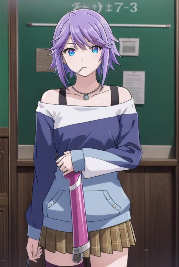 mizoreshirayuki, <lora:mizore shirayuki s2-lora-nochekaiser:1>,mizore shirayuki, short hair, blue eyes, purple hair, candy, lollipop, (swept bangs:1.5),BREAK skirt, thighhighs, striped, plaid, thigh strap, striped thighhighs, bare shoulders, raglan sleeves, collar bone, off shoulder, jacket, white jacket, necklace,BREAK indoors, classroom,BREAK looking at viewer, (cowboy shot:1.5),BREAK <lyco:GoodHands-beta2:1>, (masterpiece:1.2), best quality, high resolution, unity 8k wallpaper, (illustration:0.8), (beautiful detailed eyes:1.6), extremely detailed face, perfect lighting, extremely detailed CG, (perfect hands, perfect anatomy),