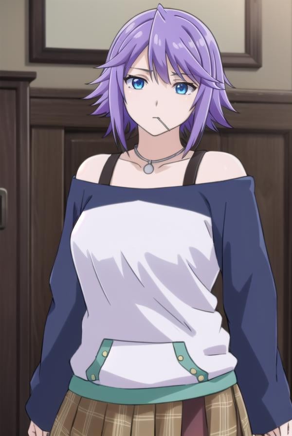 mizoreshirayuki, <lora:mizore shirayuki s2-lora-nochekaiser:1>,mizore shirayuki, short hair, blue eyes, purple hair, candy, lollipop, (swept bangs:1.5),BREAK skirt, thighhighs, striped, plaid, thigh strap, striped thighhighs, bare shoulders, raglan sleeves, collar bone, off shoulder, jacket, white jacket, necklace,BREAK indoors, classroom,BREAK looking at viewer, (cowboy shot:1.5),BREAK <lyco:GoodHands-beta2:1>, (masterpiece:1.2), best quality, high resolution, unity 8k wallpaper, (illustration:0.8), (beautiful detailed eyes:1.6), extremely detailed face, perfect lighting, extremely detailed CG, (perfect hands, perfect anatomy),