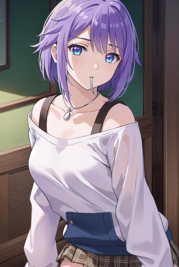 mizoreshirayuki, <lora:mizore shirayuki s2-lora-nochekaiser:1>,mizore shirayuki, short hair, blue eyes, purple hair, candy, lollipop, (swept bangs:1.5),BREAK skirt, thighhighs, striped, plaid, thigh strap, striped thighhighs, bare shoulders, raglan sleeves, collar bone, off shoulder, jacket, white jacket, necklace,BREAK indoors, classroom,BREAK looking at viewer, (cowboy shot:1.5),BREAK <lyco:GoodHands-beta2:1>, (masterpiece:1.2), best quality, high resolution, unity 8k wallpaper, (illustration:0.8), (beautiful detailed eyes:1.6), extremely detailed face, perfect lighting, extremely detailed CG, (perfect hands, perfect anatomy),