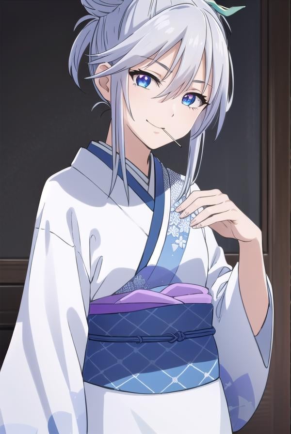 tsurarashirayuki, <lora:tsurara shirayuki s2-lora-nochekaiser:1>,tsurara shirayuki, blue eyes, hair ornament, hair between eyes, grey hair, sidelocks, lollipop, hair bun, smile,BREAK japanese clothes, kimono, sash, obi,BREAK indoors, classroom,BREAK looking at viewer, (cowboy shot:1.5),BREAK <lyco:GoodHands-beta2:1>, (masterpiece:1.2), best quality, high resolution, unity 8k wallpaper, (illustration:0.8), (beautiful detailed eyes:1.6), extremely detailed face, perfect lighting, extremely detailed CG, (perfect hands, perfect anatomy),