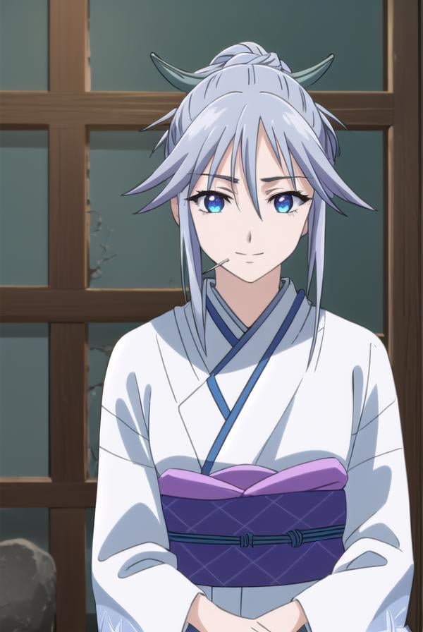 tsurarashirayuki, <lora:tsurara shirayuki s2-lora-nochekaiser:1>,tsurara shirayuki, blue eyes, hair ornament, hair between eyes, grey hair, sidelocks, lollipop, hair bun, smile,BREAK japanese clothes, kimono, sash, obi,BREAK indoors, classroom,BREAK looking at viewer, (cowboy shot:1.5),BREAK <lyco:GoodHands-beta2:1>, (masterpiece:1.2), best quality, high resolution, unity 8k wallpaper, (illustration:0.8), (beautiful detailed eyes:1.6), extremely detailed face, perfect lighting, extremely detailed CG, (perfect hands, perfect anatomy),