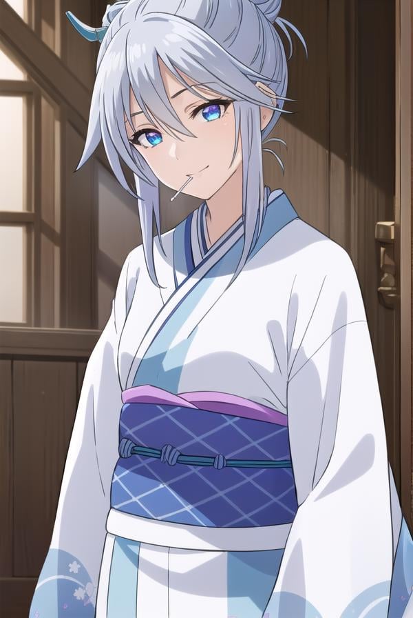 tsurarashirayuki, <lora:tsurara shirayuki s2-lora-nochekaiser:1>,tsurara shirayuki, blue eyes, hair ornament, hair between eyes, grey hair, sidelocks, lollipop, hair bun, smile,BREAK japanese clothes, kimono, sash, obi,BREAK indoors, classroom,BREAK looking at viewer, (cowboy shot:1.5),BREAK <lyco:GoodHands-beta2:1>, (masterpiece:1.2), best quality, high resolution, unity 8k wallpaper, (illustration:0.8), (beautiful detailed eyes:1.6), extremely detailed face, perfect lighting, extremely detailed CG, (perfect hands, perfect anatomy),