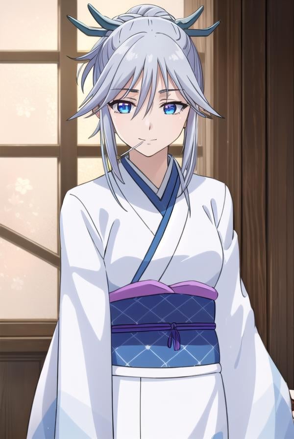 tsurarashirayuki, <lora:tsurara shirayuki s2-lora-nochekaiser:1>,tsurara shirayuki, blue eyes, hair ornament, hair between eyes, grey hair, sidelocks, lollipop, hair bun, smile,BREAK japanese clothes, kimono, sash, obi,BREAK indoors, classroom,BREAK looking at viewer, (cowboy shot:1.5),BREAK <lyco:GoodHands-beta2:1>, (masterpiece:1.2), best quality, high resolution, unity 8k wallpaper, (illustration:0.8), (beautiful detailed eyes:1.6), extremely detailed face, perfect lighting, extremely detailed CG, (perfect hands, perfect anatomy),