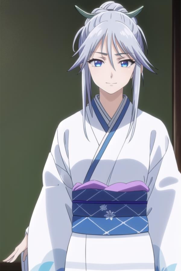 tsurarashirayuki, <lora:tsurara shirayuki s2-lora-nochekaiser:1>,tsurara shirayuki, blue eyes, hair ornament, hair between eyes, grey hair, sidelocks, lollipop, hair bun, smile,BREAK japanese clothes, kimono, sash, obi,BREAK indoors, classroom,BREAK looking at viewer, (cowboy shot:1.5),BREAK <lyco:GoodHands-beta2:1>, (masterpiece:1.2), best quality, high resolution, unity 8k wallpaper, (illustration:0.8), (beautiful detailed eyes:1.6), extremely detailed face, perfect lighting, extremely detailed CG, (perfect hands, perfect anatomy),