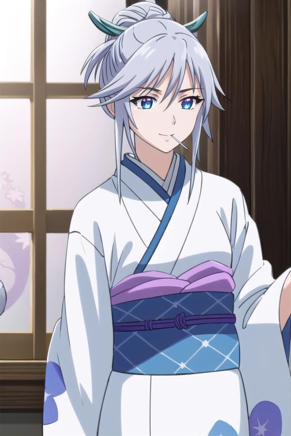 tsurarashirayuki, <lora:tsurara shirayuki s2-lora-nochekaiser:1>,tsurara shirayuki, blue eyes, hair ornament, hair between eyes, grey hair, sidelocks, lollipop, hair bun, smile,BREAK japanese clothes, kimono, sash, obi,BREAK indoors, classroom,BREAK looking at viewer, (cowboy shot:1.5),BREAK <lyco:GoodHands-beta2:1>, (masterpiece:1.2), best quality, high resolution, unity 8k wallpaper, (illustration:0.8), (beautiful detailed eyes:1.6), extremely detailed face, perfect lighting, extremely detailed CG, (perfect hands, perfect anatomy),