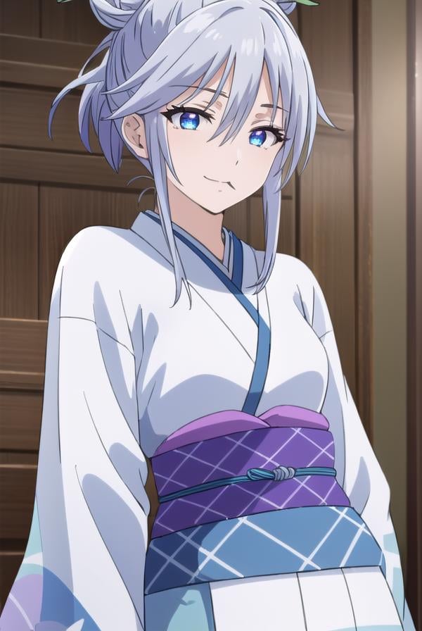 tsurarashirayuki, <lora:tsurara shirayuki s2-lora-nochekaiser:1>,tsurara shirayuki, blue eyes, hair ornament, hair between eyes, grey hair, sidelocks, lollipop, hair bun, smile,BREAK japanese clothes, kimono, sash, obi,BREAK indoors, classroom,BREAK looking at viewer, (cowboy shot:1.5),BREAK <lyco:GoodHands-beta2:1>, (masterpiece:1.2), best quality, high resolution, unity 8k wallpaper, (illustration:0.8), (beautiful detailed eyes:1.6), extremely detailed face, perfect lighting, extremely detailed CG, (perfect hands, perfect anatomy),