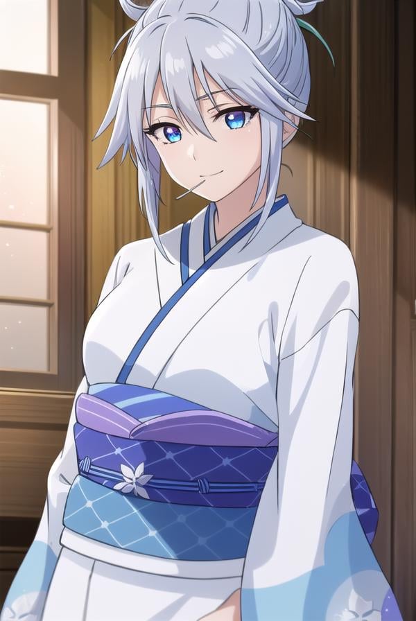 tsurarashirayuki, <lora:tsurara shirayuki s2-lora-nochekaiser:1>,tsurara shirayuki, blue eyes, hair ornament, hair between eyes, grey hair, sidelocks, lollipop, hair bun, smile,BREAK japanese clothes, kimono, sash, obi,BREAK indoors, classroom,BREAK looking at viewer, (cowboy shot:1.5),BREAK <lyco:GoodHands-beta2:1>, (masterpiece:1.2), best quality, high resolution, unity 8k wallpaper, (illustration:0.8), (beautiful detailed eyes:1.6), extremely detailed face, perfect lighting, extremely detailed CG, (perfect hands, perfect anatomy),