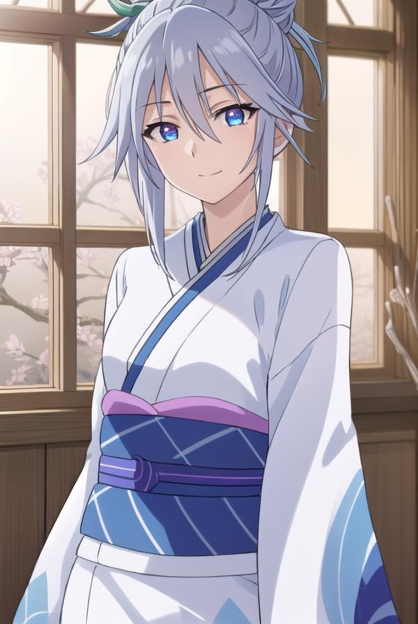 tsurarashirayuki, <lora:tsurara shirayuki s2-lora-nochekaiser:1>,tsurara shirayuki, blue eyes, hair ornament, hair between eyes, grey hair, sidelocks, lollipop, hair bun, smile,BREAK japanese clothes, kimono, sash, obi,BREAK indoors, classroom,BREAK looking at viewer, (cowboy shot:1.5),BREAK <lyco:GoodHands-beta2:1>, (masterpiece:1.2), best quality, high resolution, unity 8k wallpaper, (illustration:0.8), (beautiful detailed eyes:1.6), extremely detailed face, perfect lighting, extremely detailed CG, (perfect hands, perfect anatomy),