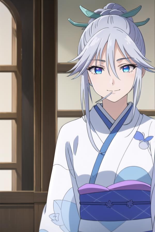 tsurarashirayuki, <lora:tsurara shirayuki s2-lora-nochekaiser:1>,tsurara shirayuki, blue eyes, hair ornament, hair between eyes, grey hair, sidelocks, lollipop, hair bun, smile,BREAK japanese clothes, kimono, sash, obi,BREAK indoors, classroom,BREAK looking at viewer, (cowboy shot:1.5),BREAK <lyco:GoodHands-beta2:1>, (masterpiece:1.2), best quality, high resolution, unity 8k wallpaper, (illustration:0.8), (beautiful detailed eyes:1.6), extremely detailed face, perfect lighting, extremely detailed CG, (perfect hands, perfect anatomy),