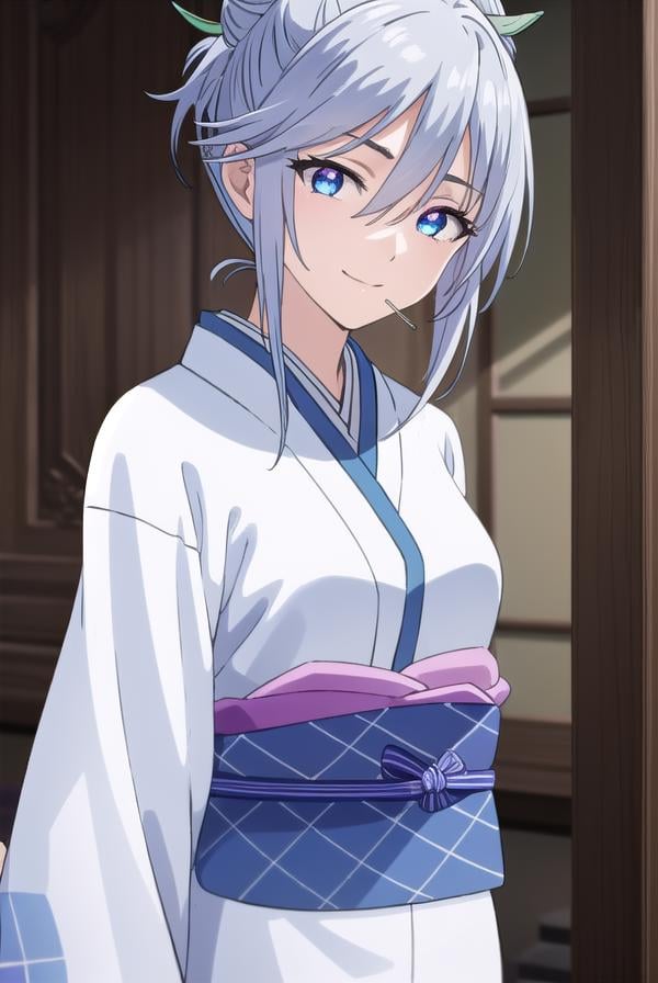 tsurarashirayuki, <lora:tsurara shirayuki s2-lora-nochekaiser:1>,tsurara shirayuki, blue eyes, hair ornament, hair between eyes, grey hair, sidelocks, lollipop, hair bun, smile,BREAK japanese clothes, kimono, sash, obi,BREAK indoors, classroom,BREAK looking at viewer, (cowboy shot:1.5),BREAK <lyco:GoodHands-beta2:1>, (masterpiece:1.2), best quality, high resolution, unity 8k wallpaper, (illustration:0.8), (beautiful detailed eyes:1.6), extremely detailed face, perfect lighting, extremely detailed CG, (perfect hands, perfect anatomy),