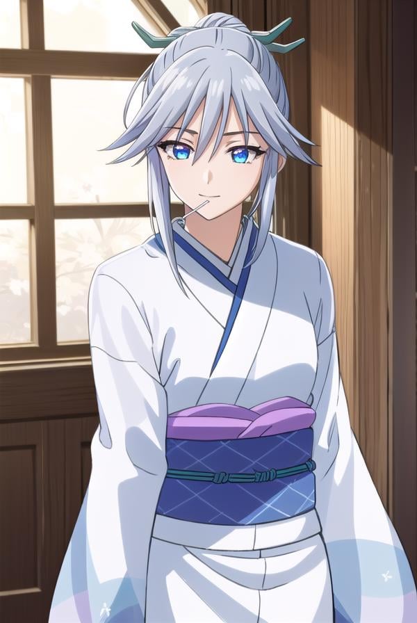 tsurarashirayuki, <lora:tsurara shirayuki s2-lora-nochekaiser:1>,tsurara shirayuki, blue eyes, hair ornament, hair between eyes, grey hair, sidelocks, lollipop, hair bun, smile,BREAK japanese clothes, kimono, sash, obi,BREAK indoors, classroom,BREAK looking at viewer, (cowboy shot:1.5),BREAK <lyco:GoodHands-beta2:1>, (masterpiece:1.2), best quality, high resolution, unity 8k wallpaper, (illustration:0.8), (beautiful detailed eyes:1.6), extremely detailed face, perfect lighting, extremely detailed CG, (perfect hands, perfect anatomy),