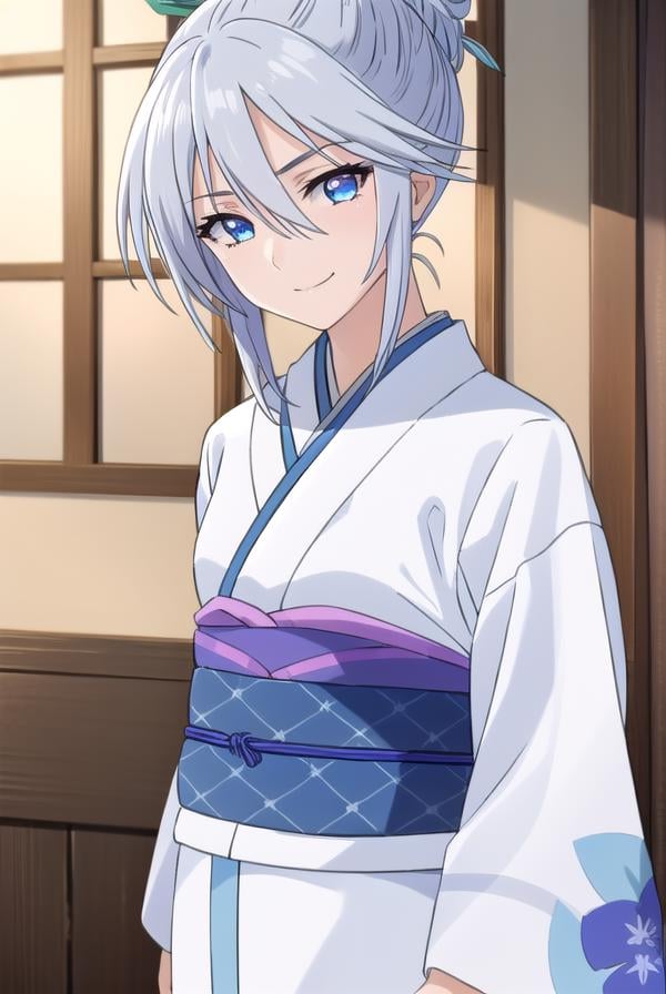 tsurarashirayuki, <lora:tsurara shirayuki s2-lora-nochekaiser:1>,tsurara shirayuki, blue eyes, hair ornament, hair between eyes, grey hair, sidelocks, lollipop, hair bun, smile,BREAK japanese clothes, kimono, sash, obi,BREAK indoors, classroom,BREAK looking at viewer, (cowboy shot:1.5),BREAK <lyco:GoodHands-beta2:1>, (masterpiece:1.2), best quality, high resolution, unity 8k wallpaper, (illustration:0.8), (beautiful detailed eyes:1.6), extremely detailed face, perfect lighting, extremely detailed CG, (perfect hands, perfect anatomy),