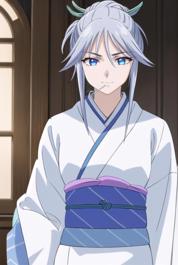 tsurarashirayuki, <lora:tsurara shirayuki s2-lora-nochekaiser:1>,tsurara shirayuki, blue eyes, hair ornament, hair between eyes, grey hair, sidelocks, lollipop, hair bun, smile,BREAK japanese clothes, kimono, sash, obi,BREAK indoors, classroom,BREAK looking at viewer, (cowboy shot:1.5),BREAK <lyco:GoodHands-beta2:1>, (masterpiece:1.2), best quality, high resolution, unity 8k wallpaper, (illustration:0.8), (beautiful detailed eyes:1.6), extremely detailed face, perfect lighting, extremely detailed CG, (perfect hands, perfect anatomy),