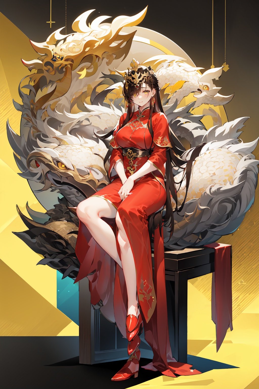 -1girl, long hair, dress, sitting, very long hair, red dress, solo, chinese clothes, brown hair, full body, hair ornament, looking at viewer, black hair, long sleeves, red footwear, breasts, hair over one eye, crossed legs, wide sleeves, closed mouth, jewelry, yellow eyes, snake,Chinese weddingdress,<lora:Chinese weddingdress-000018:0.8>