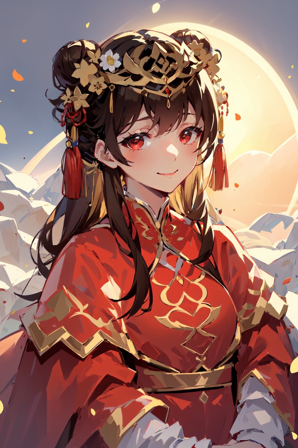 -1girl, solo, red eyes, chinese clothes, hair ornament, smile, flower, long hair, bangs, hair bun, jewelry, hair flower, upper body, black hair, brown hair, dress, long sleeves, blunt bangs, closed mouth,Chinese weddingdress,<lora:Chinese weddingdress-000018:0.8>