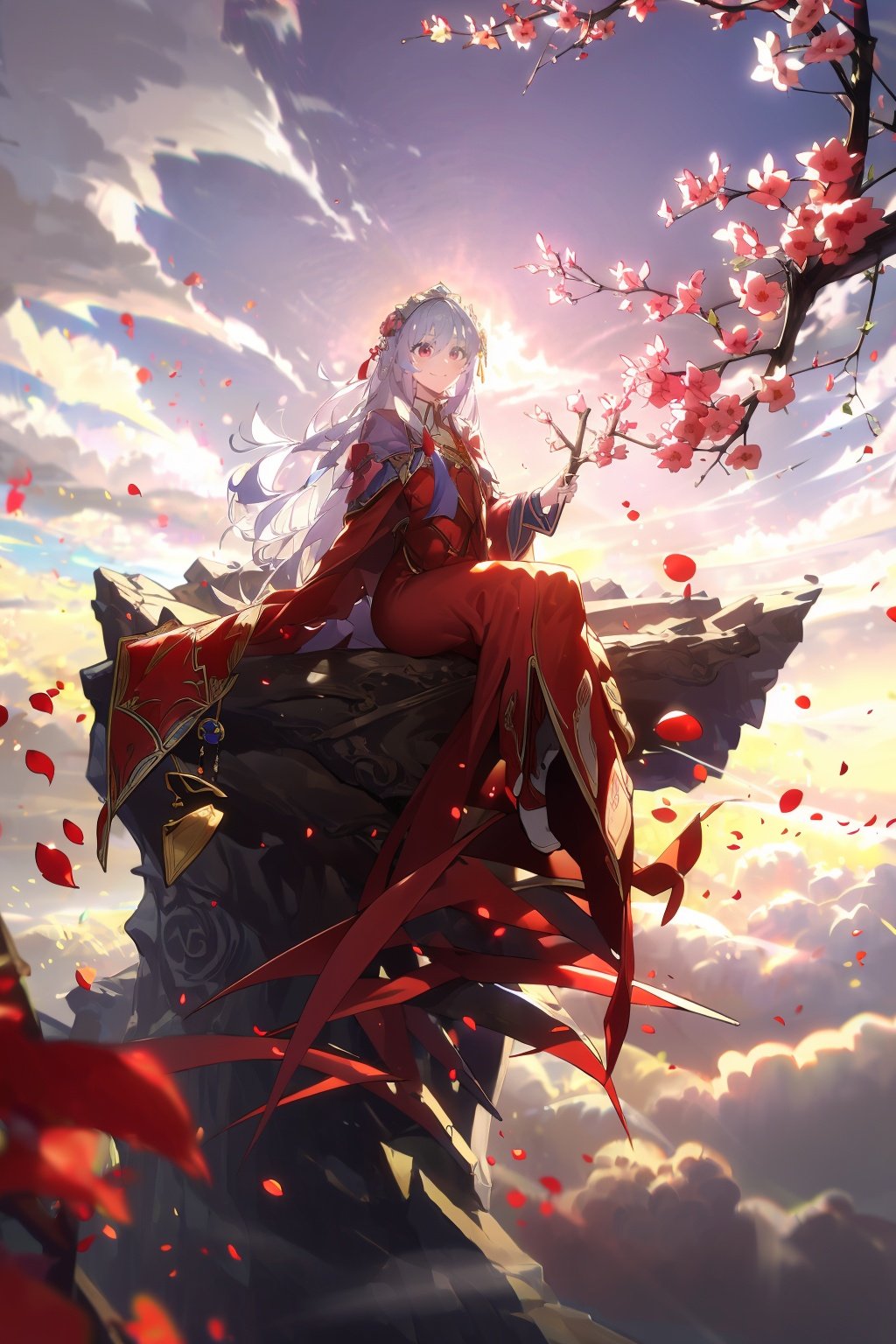 (masterpiece:1.2),best quality,PIXIV,Elaina,Chinese weddingdress,<lora:Chinese weddingdress-000018:0.9>,1girl,long hair,dress,branch,red dress,cloud,sky,petals,tree,red eyes,sitting,chinese clothes,white hair,flower,smile,