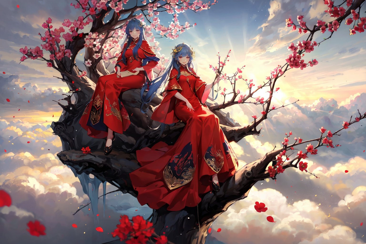 (masterpiece:1.2),best quality,PIXIV,Chinese weddingdress,<lora:Chinese weddingdress-000018:0.9>,multiple girls, 2girls, long hair, dress, branch, red dress, cloud, sky, petals, tree, red eyes, sitting, chinese clothes, blue hair, flower, smile