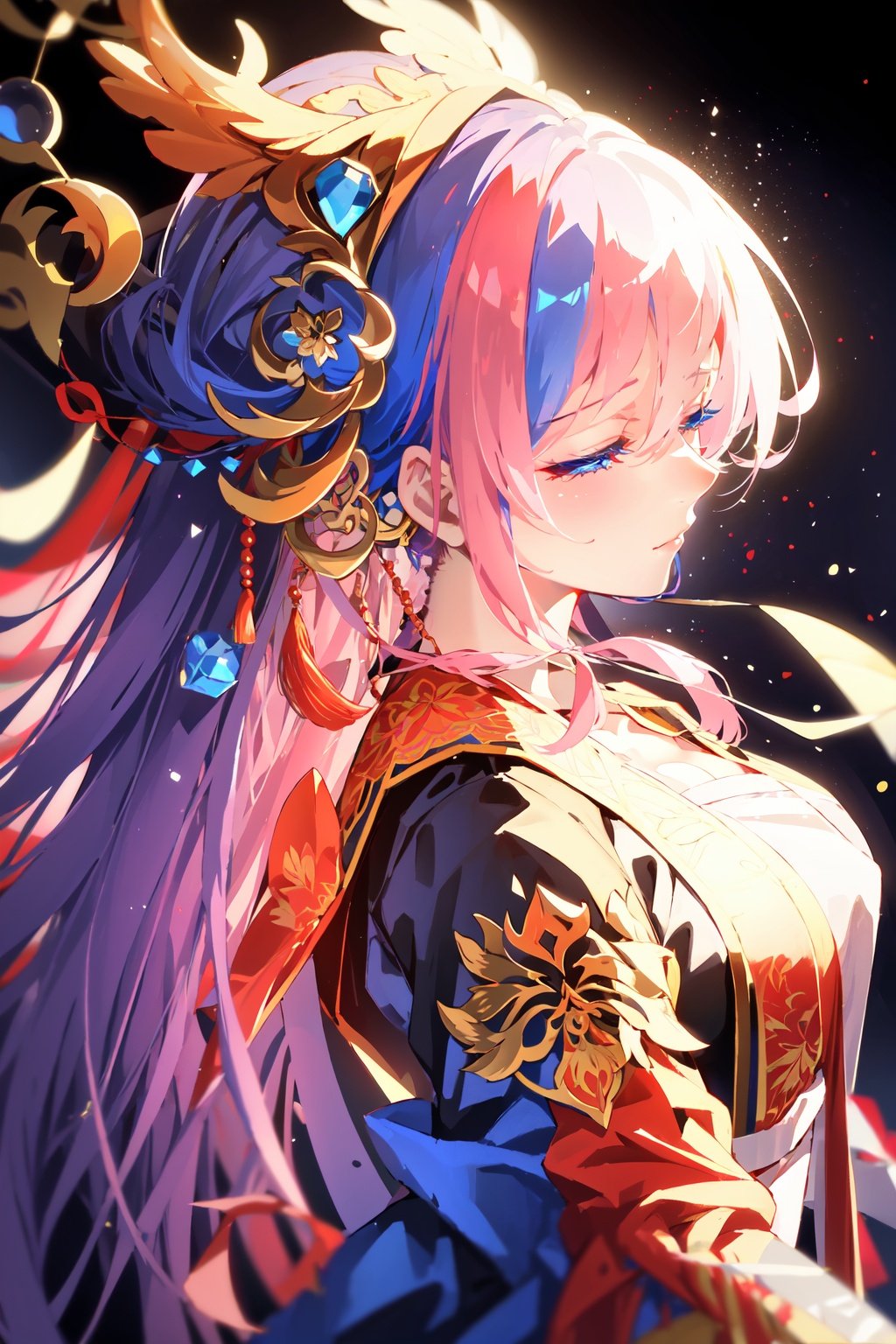 -1girl, solo, long hair, hair ornament, blue eyes, beads, pink hair, profile, hair stick, upper body, jewelry, breasts, gem, chinese clothes, from side, hair beads, black background, floral print, large breasts, eyelashes, megurine luka, headdress, bangs, half-closed eyes, dress,Chinese weddingdress,<lora:Chinese weddingdress-000018:0.8>