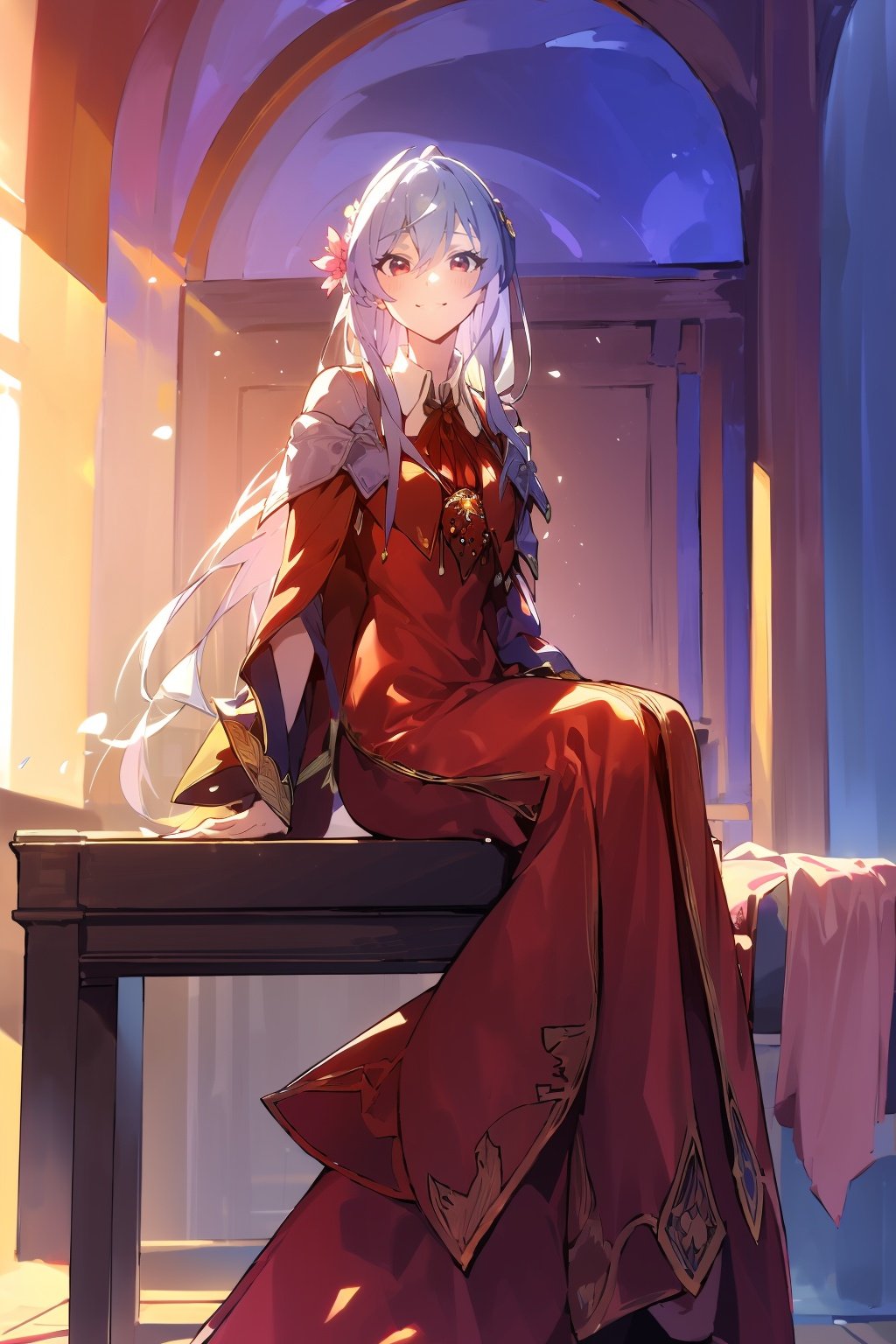 (masterpiece:1.2),best quality,PIXIV,Elaina,Chinese weddingdress,<lora:Chinese weddingdress-000018:0.9>,1girl,long hair,dress,red dress,red eyes,sitting,chinese clothes,white hair,flower,smile,indoor,