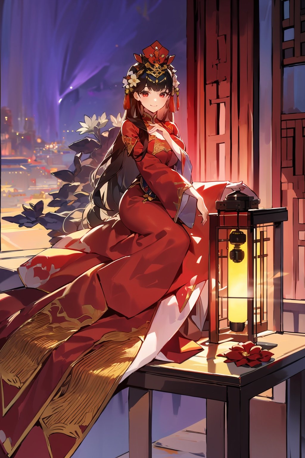 -1girl, long hair, red eyes, solo, dress, sitting, hair ornament, flower, chinese clothes, looking at viewer, hair flower, red dress, lantern, black hair, bangs, holding, very long hair, long sleeves, hat, wide sleeves, indoors, closed mouth, smile, breasts, bird,Chinese weddingdress,<lora:Chinese weddingdress-000018:0.8>