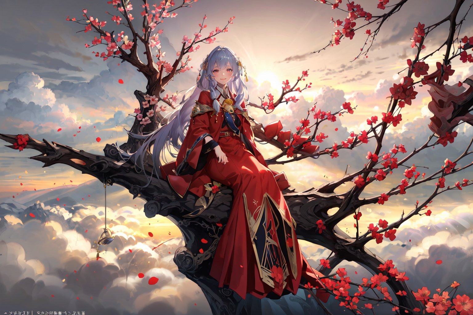 (masterpiece:1.2),best quality,PIXIV,Elaina,Chinese weddingdress,<lora:Chinese weddingdress-000018:0.9>,1girl,long hair,dress,branch,red dress,cloud,sky,petals,tree,red eyes,sitting,chinese clothes,white hair,flower,smile,