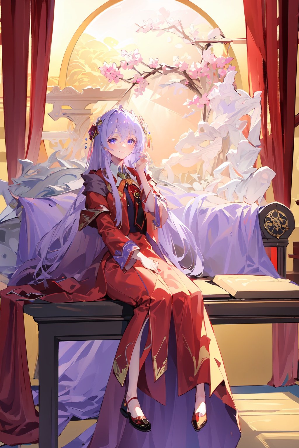 (masterpiece:1.2),best quality,PIXIV,Elaina,Chinese weddingdress,<lora:Chinese weddingdress-000018:0.9>,1girl,long hair,dress,red dress,purple eyes,sitting,chinese clothes,white hair,flower,smile,indoor,