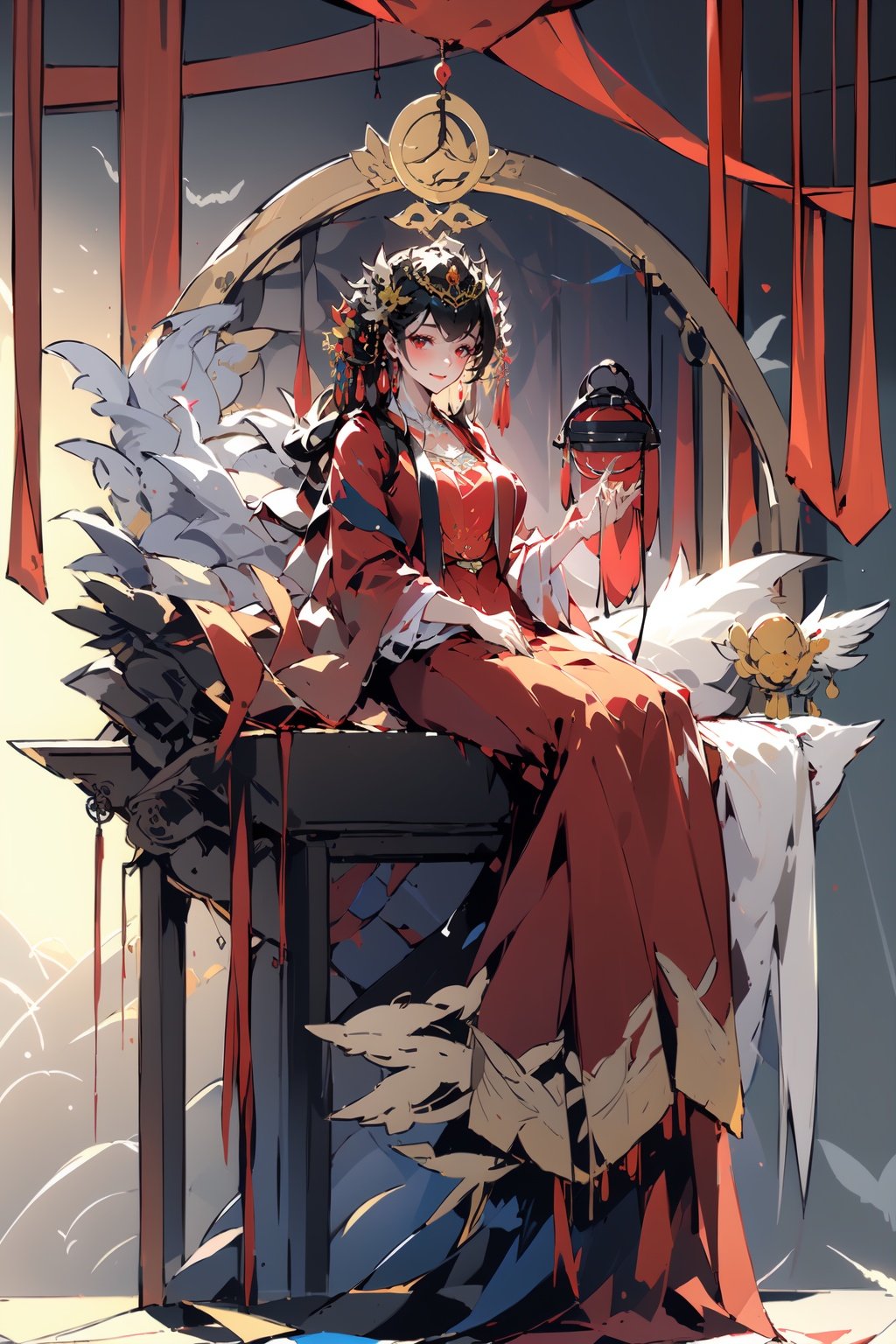 -1girl, long hair, red eyes, solo, dress, sitting, hair ornament, flower, chinese clothes, looking at viewer, hair flower, red dress, lantern, black hair, bangs, holding, very long hair, long sleeves, hat, wide sleeves, indoors, closed mouth, smile, breasts, bird,Chinese weddingdress,<lora:Chinese weddingdress-000018:0.8>