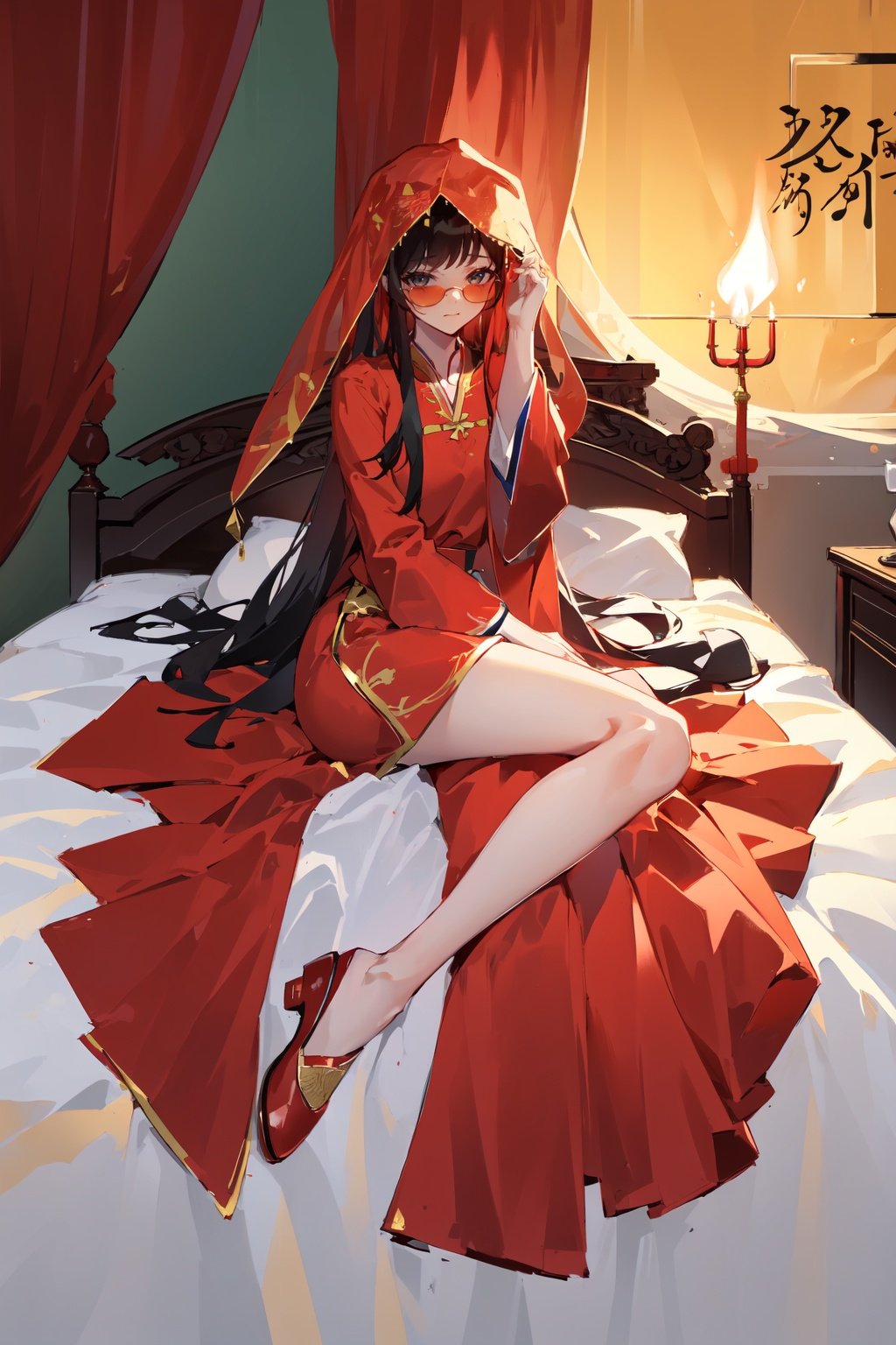 -1girl, solo, long hair, dress, sitting, curtains, red dress, candle, bed, fire, black hair, red footwear, veil, indoors, bare legs, sunglasses, on bed, looking at viewer, bangs, long sleeves, adjusting eyewear, wide sleeves, chinese clothes,Chinese weddingdress,<lora:Chinese weddingdress-000018:0.8>