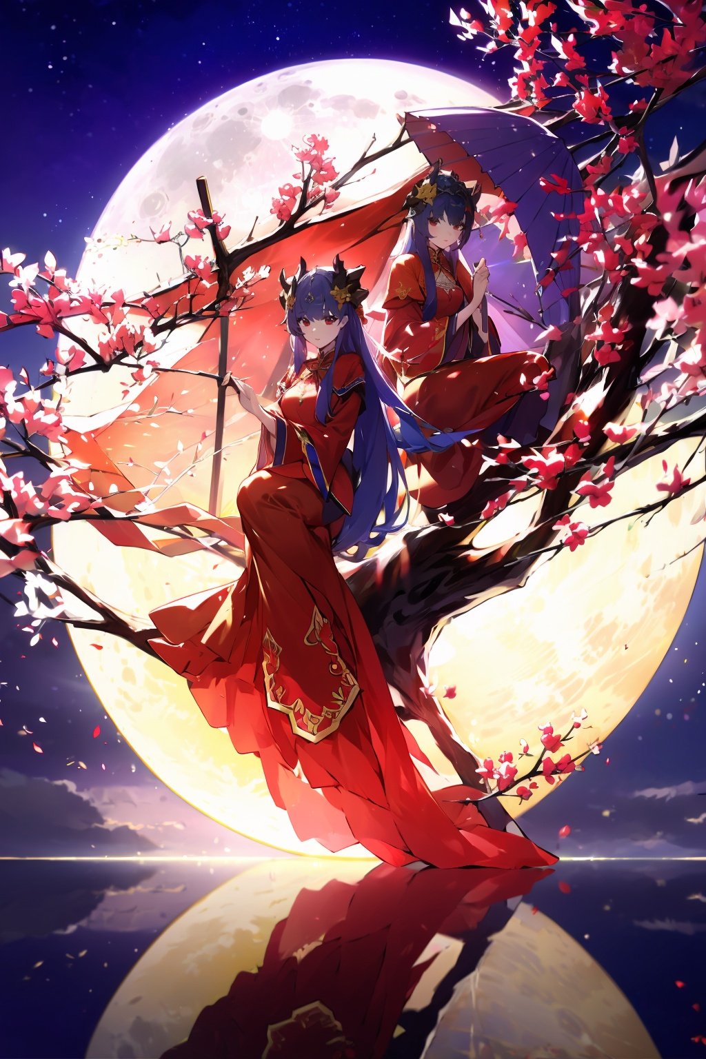 -long hair, reflection, dress, moon, sitting, red dress, in tree, tree, full moon, sky, sitting in tree, 2girls, red eyes, branch, multiple girls, very long hair, chinese clothes, looking at viewer, bangs, different reflection, umbrella, night, outdoors, long sleeves, horns, hair ornament, flower, 1girl, blue hair,Chinese weddingdress,<lora:Chinese weddingdress-000018:0.8>