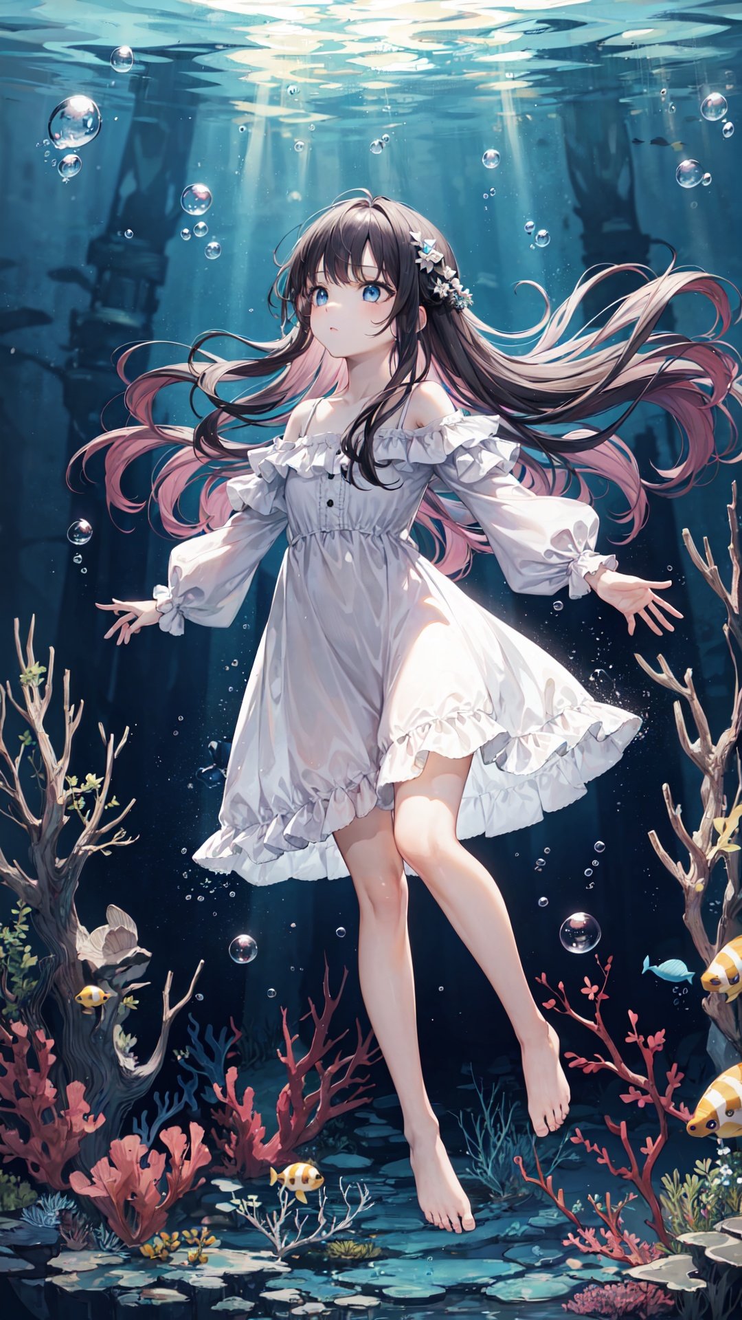 wide shot, (solo:1.3), dramatic angle, (underwater:1.2), masterpiece, best quality, intricate detail, 1girl, swimming, loli, (long hair:1.2), solo, expressionless, blue eyes, looking_up, shoulder strap dress, floating hair, floating clothes, god rays, bubble, barefoot, (full body:1.2), outstretched arm, , perfect hands