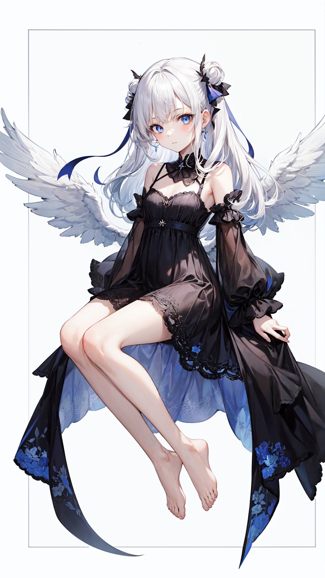 wings, 1girl, solo, long hair, barefoot, blue eyes, angel wings, white background, looking at viewer, feathered wings, dress, white hair, bangs,border