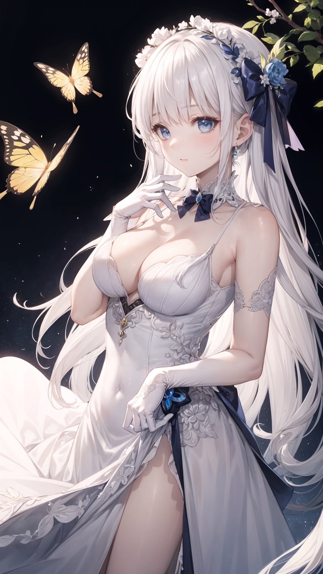 finely detail,Depth of field,(((masterpiece))),((extremely detailed CG unity 8k wallpaper)),best quality,high resolution illustration,Amazing,intricate detail,(best illumination, best shadow, an extremely delicate and beautiful),1girl,long_hair,white hair,(hair accessories),cleavage,Brooch,Exquisite ornaments,clear,crystal chains decorate,Iris proantha,(white evening dress:1.4),bird,collarbone,butterfly,blue_eyes girdling,bow tie,ribbon,shawl,Long gloves and short gloves,The bird stands on the back of its hand,