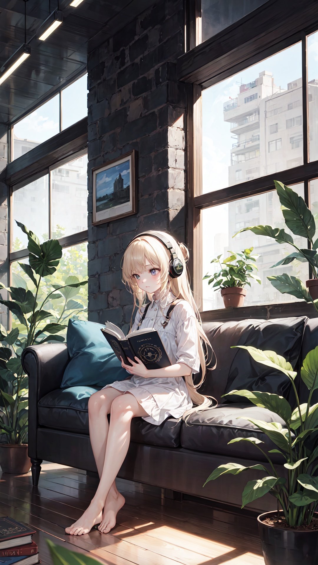 extremely delicate and beautiful, depth of field, amazing, masterpiece, growth, visual impact, ultra-detailed, 1girl, long_hair, Modernist style architecture, window, book, pillow, barefoot, solo, plant, very_long_hair, indoors, potted_plant, headphones, cup, gorgeous, fantasism, nature, refined rendering, original, contour deepening, high-key and low-variance brightness scale, soft light, light and dark interlaced