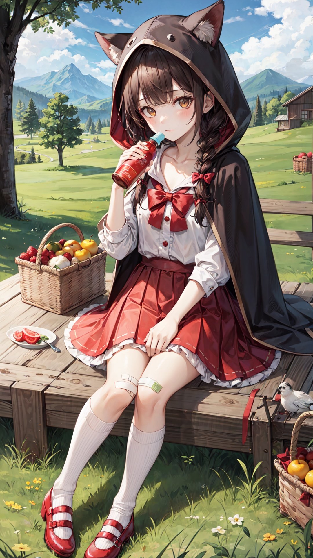 1girl, bottle, solo, skirt, sitting, braid, outdoors, hood, shirt, socks, white socks, white shirt, red skirt, twin braids, shoes, bandaid, red footwear, wine bottle, looking at viewer, tree, brown hair, day, long hair, holding, frills, little red riding hood (grimm), frilled skirt, food, bandaid on leg, mary janes, closed mouth, yellow eyes, hood up, bow, basket, kneehighs, fruit, sky, cloak, hooded cloak, grass, bangs, hooded cape, hooded capelet, alcohol, animal hood, full body, picnic basket, cup, cloud, bandaid on knee, pleated skirt, mountain, cape, brown eyes, collarbone