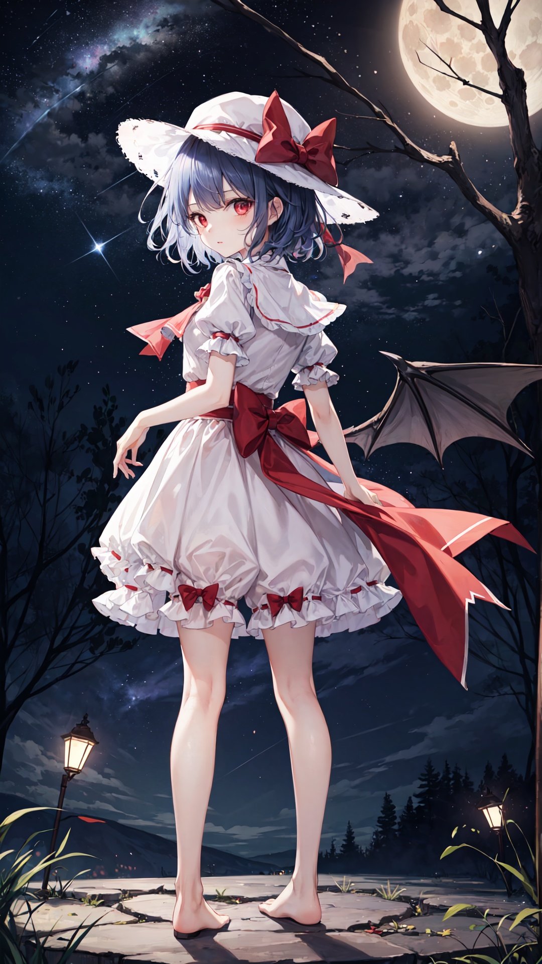 1girl, bloomers, solo, wings, underwear, skirt, hat, remilia scarlet, red eyes, short sleeves, barefoot, shirt, blood, sky, moon, puffy sleeves, looking back, looking at viewer, puffy short sleeves, skirt set, mob cap, night, bat wings, ascot, white skirt, tree, ribbon, white bloomers, night sky, full body, full moon, frills, standing on liquid, short hair, hat ribbon, white shirt, torn clothes, star \(sky\), starry sky, sash, from behind, bow, standing, outdoors