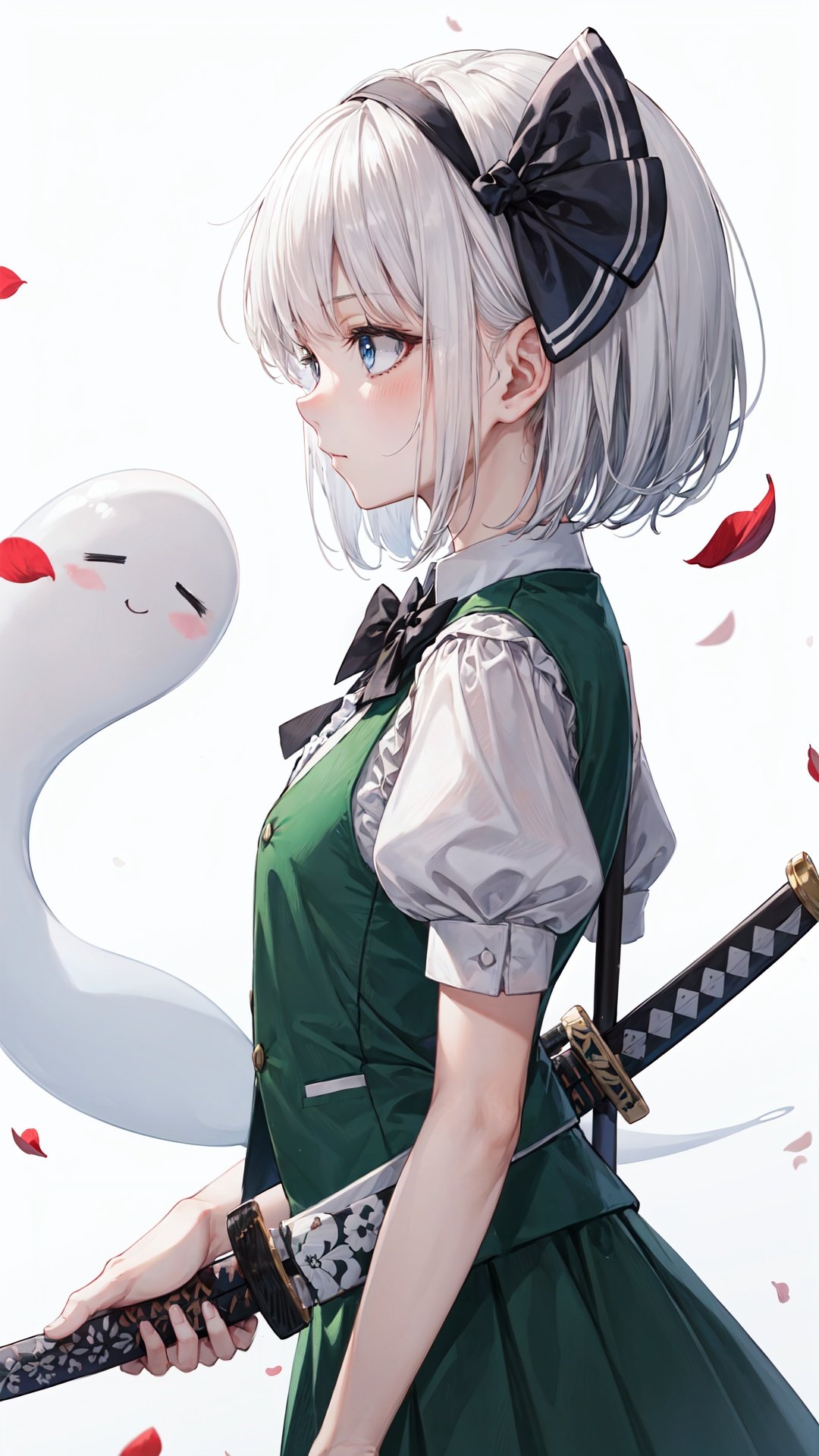 1girl, konpaku youmu, weapon, solo, sword, short sleeves, short hair, white hair, konpaku youmu (ghost), sheath, shirt, vest, katana, black hairband, hairband, puffy short sleeves, white shirt, puffy sleeves, ribbon, holding, green skirt, skirt, green vest, bow, from side, hair ribbon, blue eyes, holding weapon, black ribbon, bangs, holding sword, petals, bowtie, profile, black bow, closed mouth, hitodama, black bowtie, small breasts, breasts, unsheathing, upper body, sheathed, skirt set, scabbard, bob cut, white background