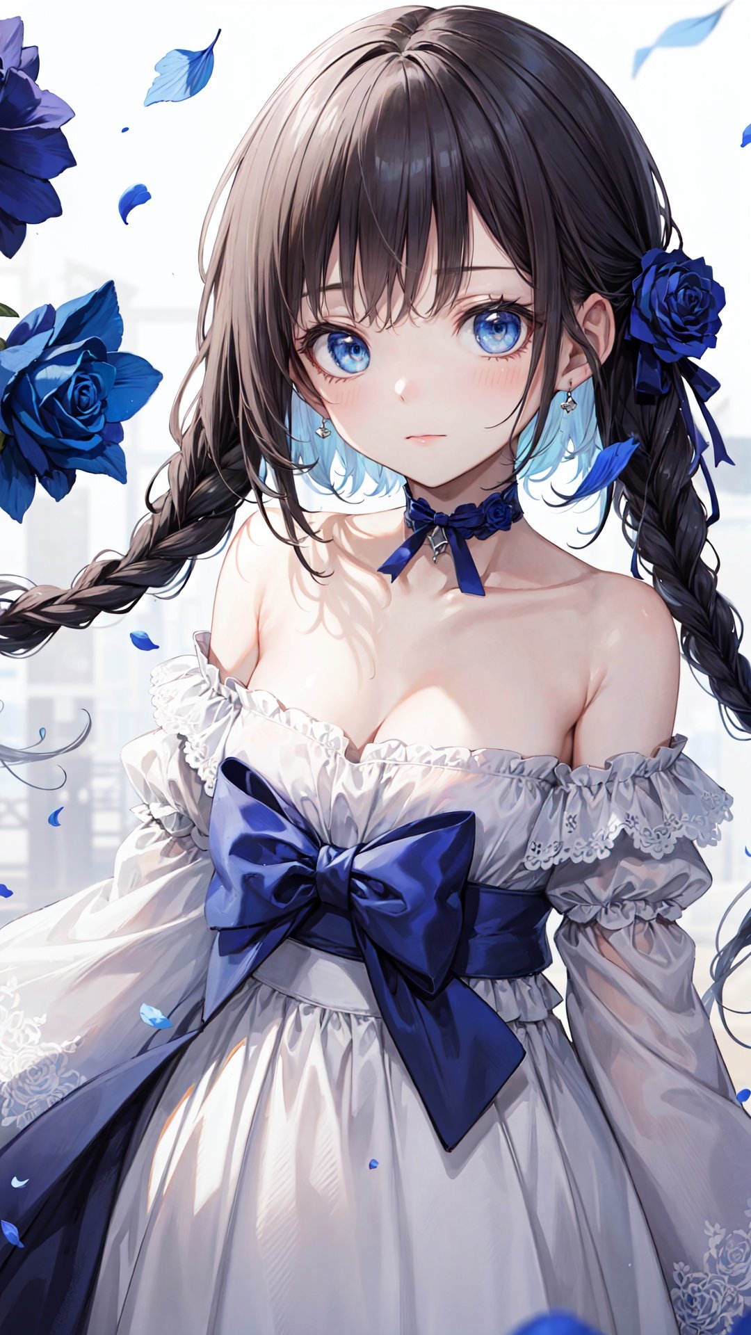 ((best quality)),(masterpiece:1.1),HD,high quality,8k,blue_flower, blue_rose, flower, 1girl, rose, solo, blue_eyes, long_hair, braid, blue_ribbon, dress, blue_bow, looking_at_viewer, white_dress, petals, blurry, collarbone, bangs, bare_shoulders