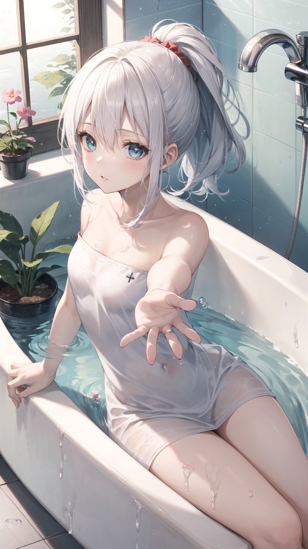 1girl, bathtub, solo, long hair, looking at viewer, window, white hair, bathing, indoors, water, soap bubbles, plant, bathroom, outstretched arms, bubble, bath, towel, blue eyes, ponytail, tiles, soap bottle, bangs, tile wall, potted plant, faucet, partially submerged, wet, blush, from above, parted lips, aqua eyes